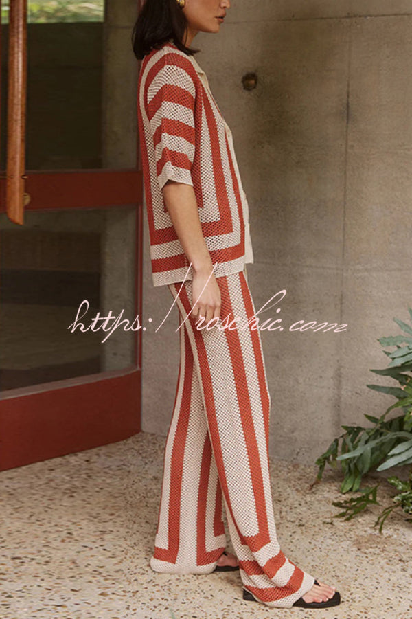 Knit Collared Short-Sleeve Top & Elastic Waist Pants Set