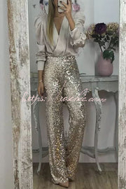 Sequin Wide Leg Pants High Rise Elastic Waist Party