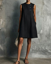 Linen Round Neck Buttons Mini Dress