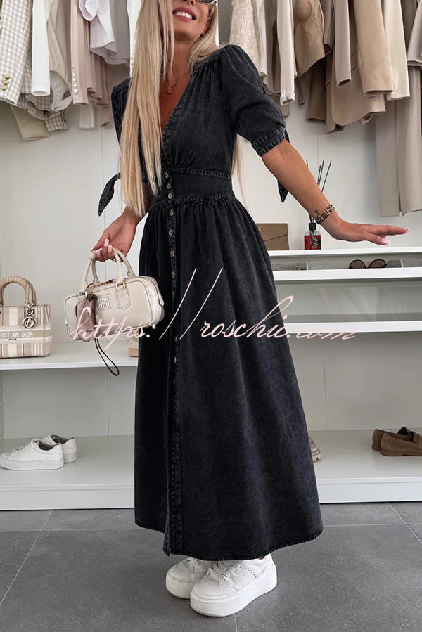 Denim Midi Dress V-Neck Button-Down Half Sleeve Loose Fit