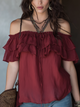 Brick Red Cotton Linen Off-Shoulder Ruffle Top