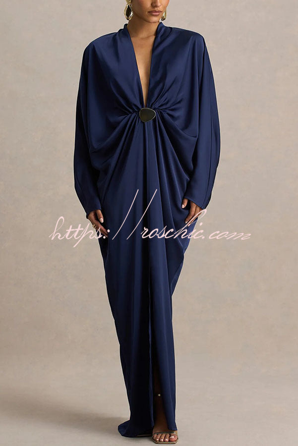 Satin Plunge V-Neck Maxi Dress with Gold Trim & Batwing Sleeves