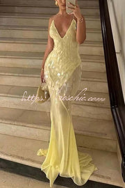 Sequin Embroidered Backless Slip Maxi Dress with Tulle Hem