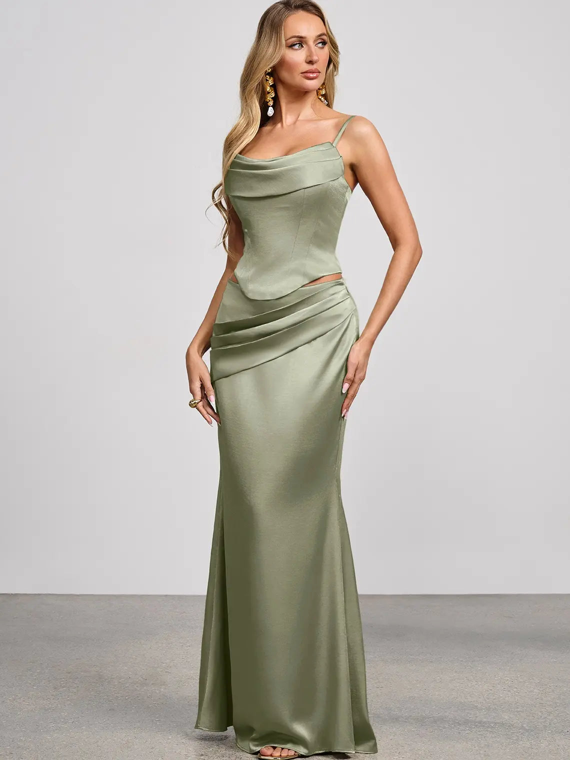 AZAZIE Sorrel Wedding Guest Gown for Women, 2-Piece Luminous Satin Mermaid Dress with Cowl Neck, Lace-up Corset Top & Chiffon Scarf, Gowns