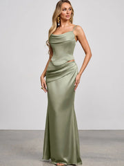 AZAZIE Sorrel Wedding Guest Gown for Women, 2-Piece Luminous Satin Mermaid Dress with Cowl Neck, Lace-up Corset Top & Chiffon Scarf, Gowns