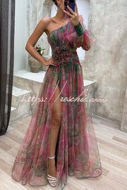 Tulle One-Shoulder Floral Pleated Slit Maxi Dress