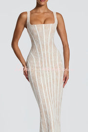 Floral Lace Square Neck Lace-Up Slit Maxi Dress