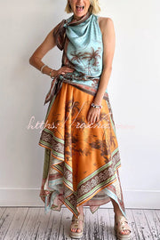 Satin Color-Block Print Tie Cowl Neck Midi Dress
