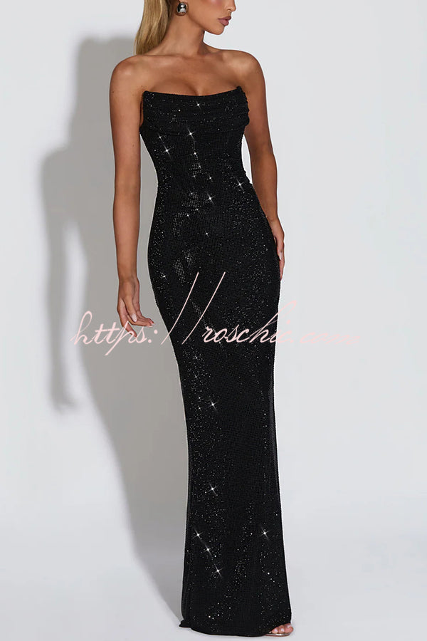 Sequin Pleated Cowl Neck Strapless Maxi Dress