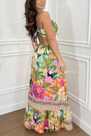 Tropical Print Maxi Dress - Lace-Up V Neck Vacation Dress