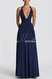 Chiffon Halter Maxi Dress with Lace-Up Back and Side Slit