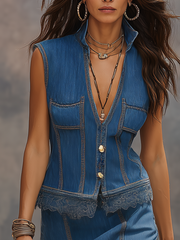 Denim Sleeveless Vest & Midi Skirt Set | Two-Piece