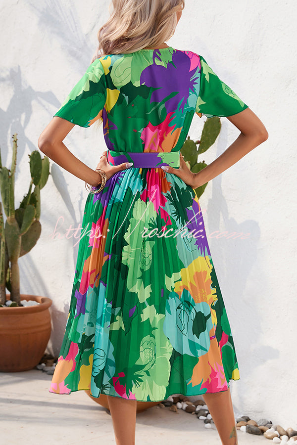 Contrast Floral Print Belted Pleated Midi Dress