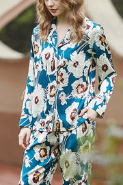 Blue & White Floral Print Long Sleeve Two-Piece Set