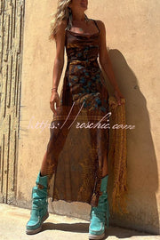 Printed Cowl Neck Lace-Back Midi Dress – Loose Fit