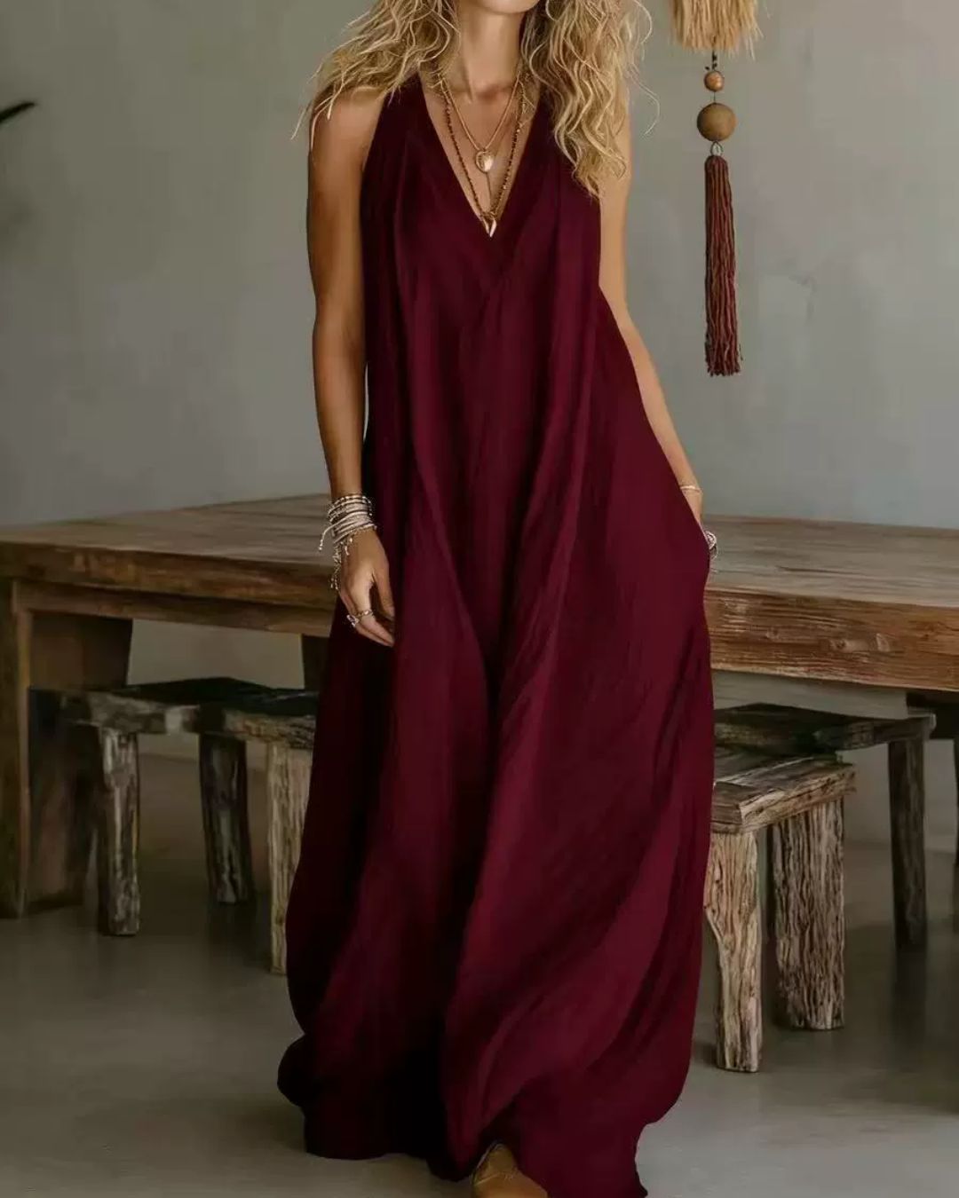 Flowy Boho V-Neck Halter Maxi Dress