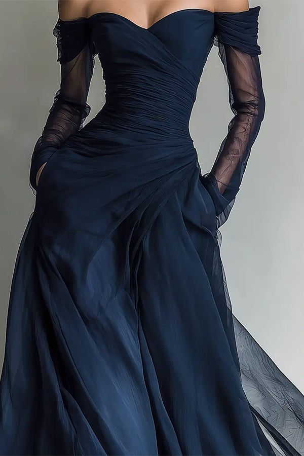 Ruched Sweetheart Maxi Dress with Long Sleeves