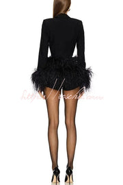 Feather Trim Deep V-Neck Long Sleeve Stretch Romper