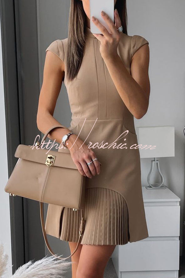 Military-Inspired Cap Sleeve High Neck Mini Dress