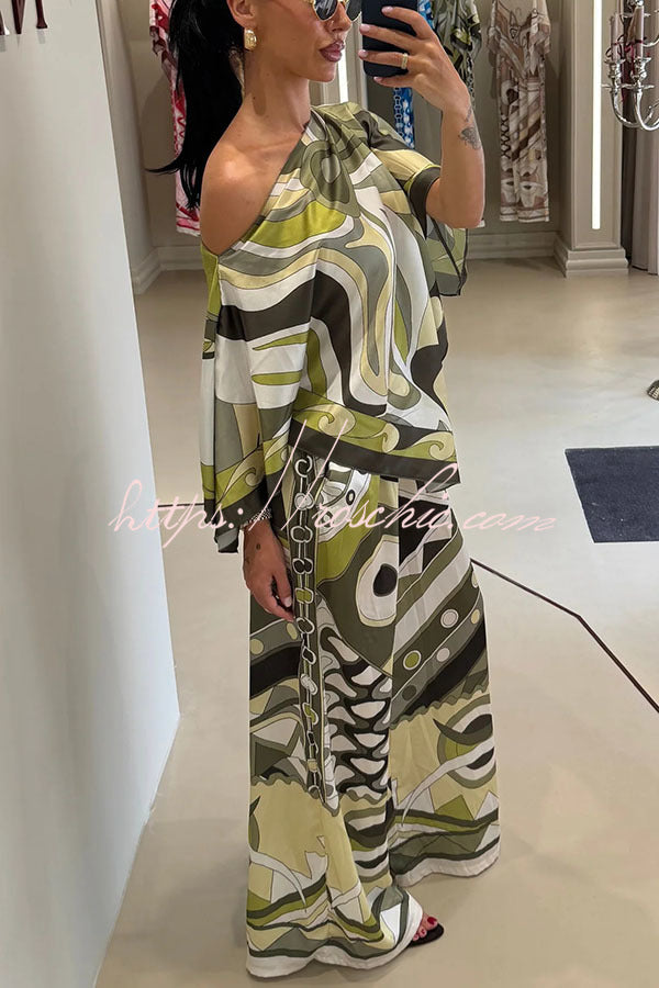 Satin Cape-Sleeve Top & Wide-Leg Pants Set | Vacation
