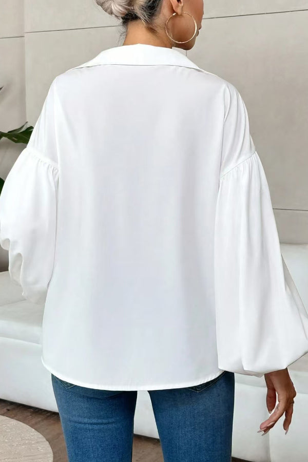 Polka Dot Puff Sleeve Collared Loose Blouse