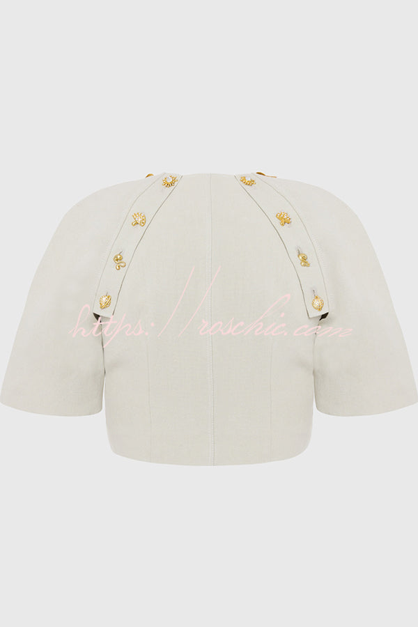 Linen Blend Crop Jacket with Metal Pattern Buttons & Slit Sleeves
