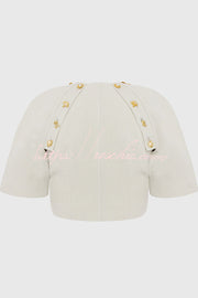 Linen Blend Crop Jacket with Metal Pattern Buttons & Slit Sleeves