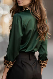 Satin Leopard Print Patchwork Long Sleeve Shirt