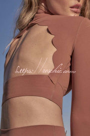Open Back Long Sleeve Yoga Crop Top with Petal Trim