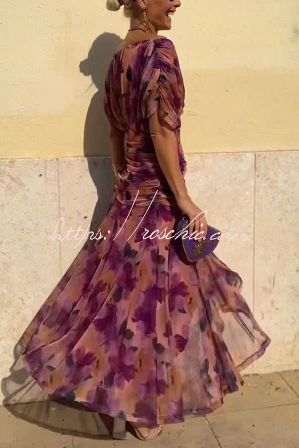 Printed V-Neck Waisted Mesh Maxi Dress for Vacation