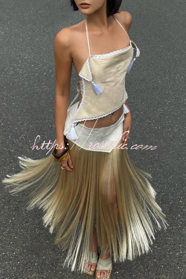 Lace Appliqué Tassel Hem Maxi Skirt for Vacation