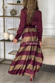 Satin Colorblock Long Sleeve Belted Maxi Shirt Dress