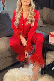 Feather Trim Lapel Two-Piece Pant Suit | Solid Color