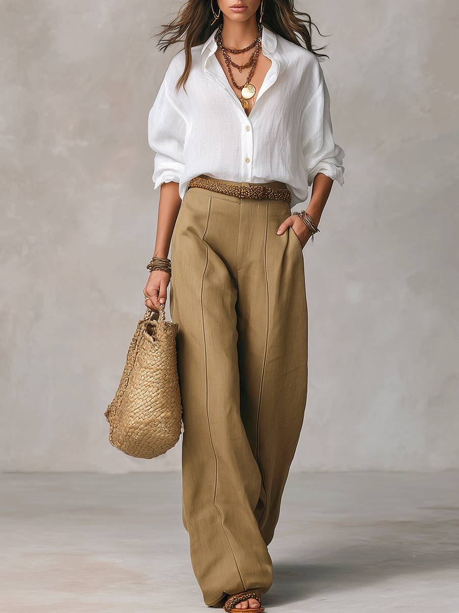 Women's Linen Long Sleeve Blouse in White – Relaxed Boho Fit