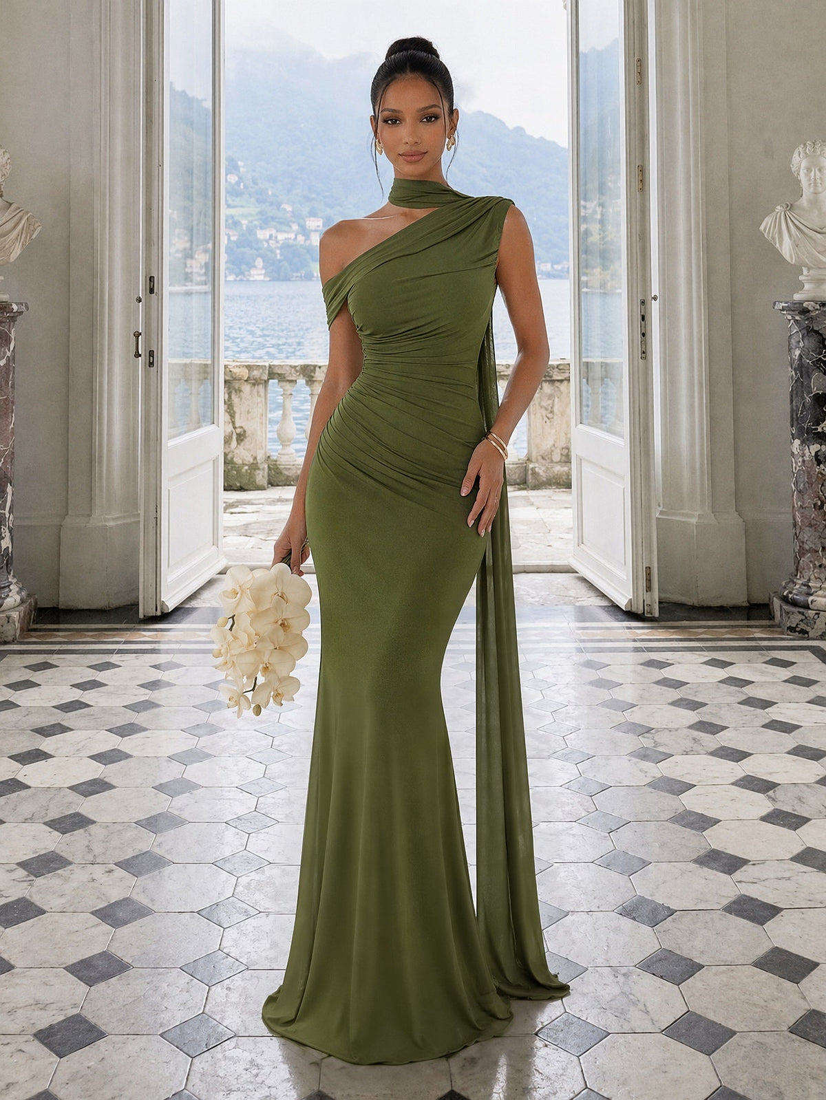 One Shoulder Formal Evening Gown with Built-In Bra, Ruched Mesh