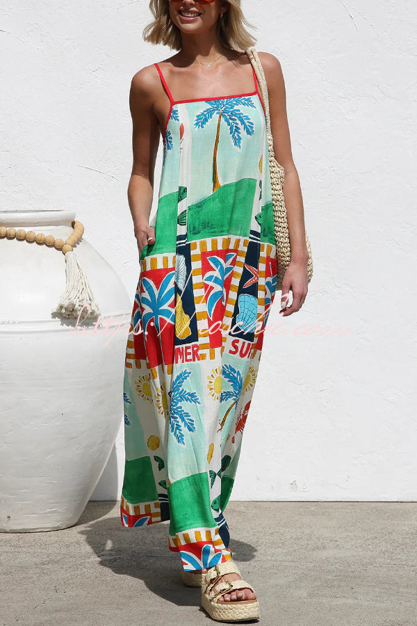 Printed Square Neck Sleeveless Maxi Dress with Pockets