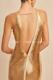 Metallic Halterneck Backless Maxi Dress with Fringe Slit