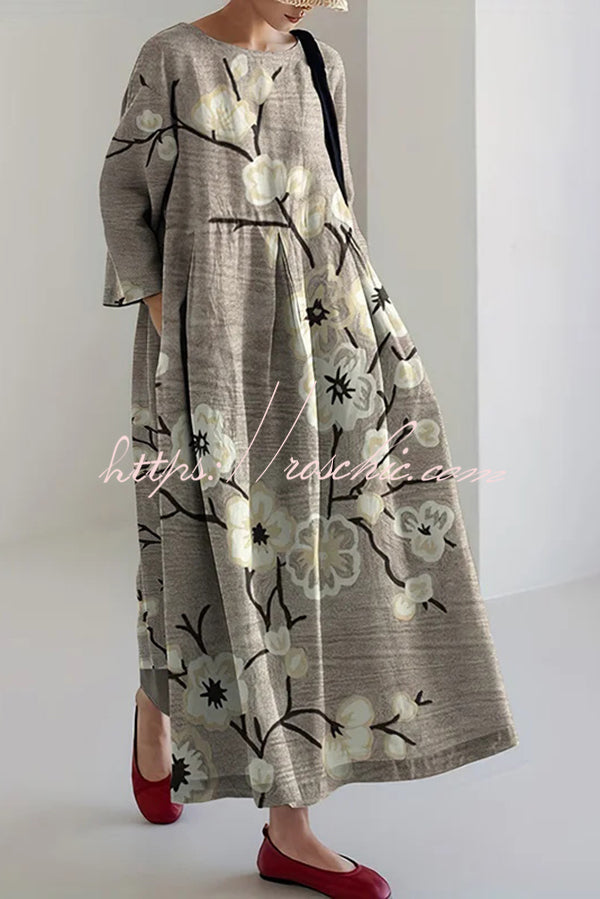 Robe Maxi Imprimée - Col Rond Manches Longues Coupe Ample