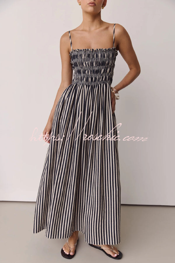 Striped Spaghetti Strap Pleated Maxi Dress with Pockets