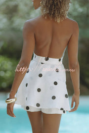 Linen Blend Polka Dot Halter Vest & Shorts Set with Belt