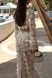 Lace Long Sleeve Backless Top & Fishtail Maxi Skirt Set