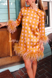 Satin Polka Dot Feather Trim Mini Dress | Half Sleeve