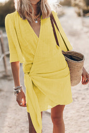 Cotton Linen Blend Knotted Wrap Mini Dress