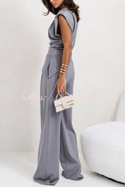 Ruched Shoulder Wide Leg Pants Set with Pockets
