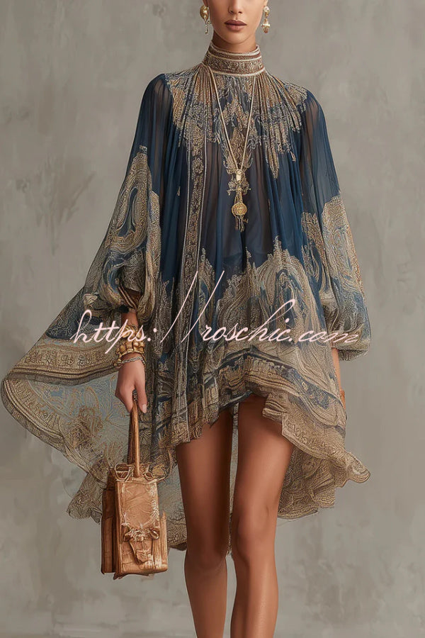 Baroque Print Chiffon Mini Dress with High Neck & Bell Sleeves