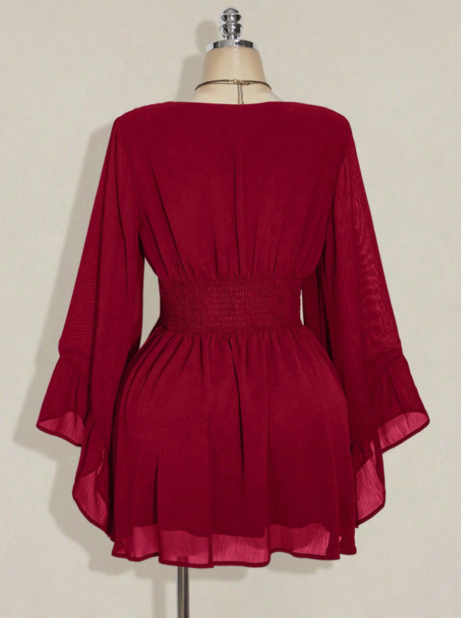 Gothic V-Neck Mini Dress - Long Sleeve Belted Fitted Dress