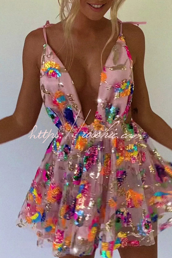 Sequin Floral V-Neck Open Back A-Line Mini Dress