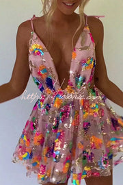 Sequin Floral V-Neck Open Back A-Line Mini Dress