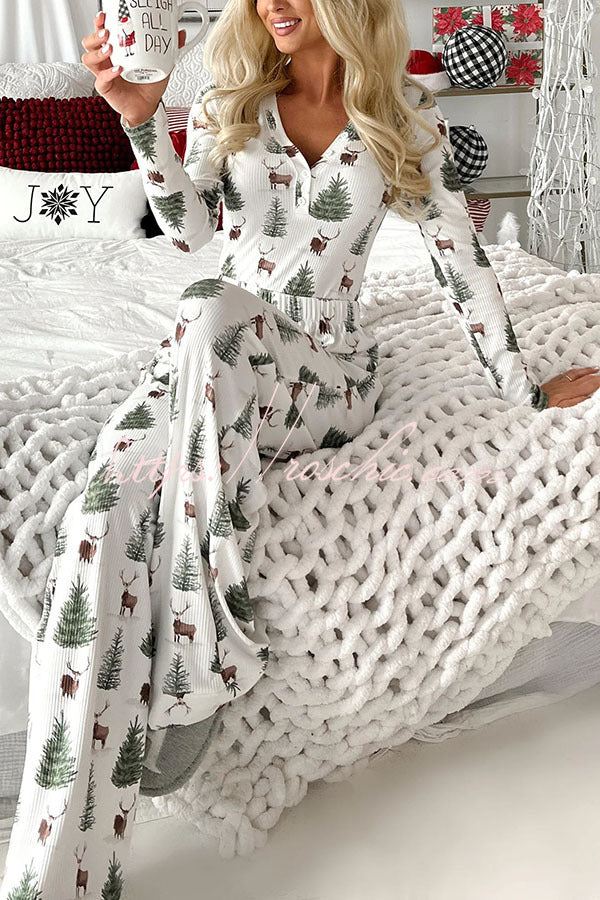 Christmas Elk Print Pajama Lounge Set with Ribbed Elastic Waist