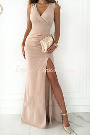 V-Neck Ruched Slit Maxi Dress for Parties